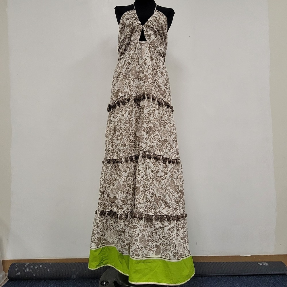Venus Tiered Boho Maxi Dress Size 8 Resort Pom Babydoll Cutout Halter Beach